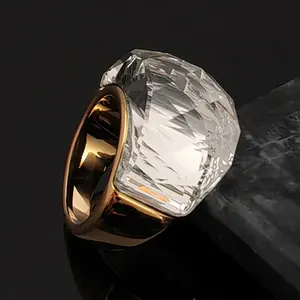 Stylish Golden 316 Stainless Steel Women's Ring with White Transparent Synthetic Stone and Glass Geometric Design, Cute Elegant Mother's Day Gift, Japanese Korean Style Palace Wide Band Finger Ring, Perfect Birthday Present for Girlfriend or Best Friend