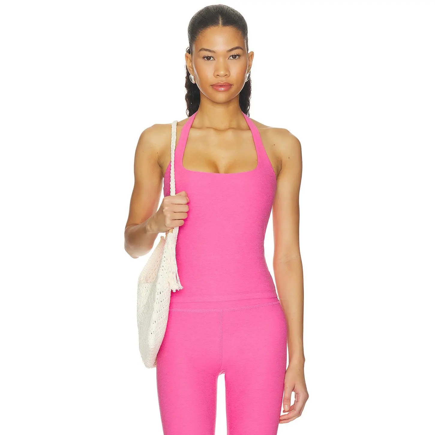 Beyond Yoga Spacedye Midway Square Halter Top in Pink Heather Luscious Pink Heather