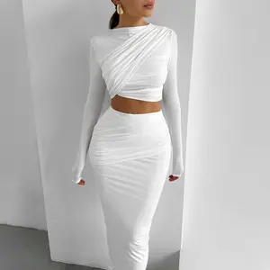 Women��s 2 Piece White Ruched Bodycon Skirt Set Long Sleeve Crop Top and High Waist Maxi Skirt Outfit Elegant Party Dress Set for Date Night Cocktail Evening Look