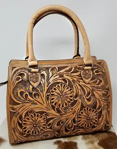 [CLEARANCE] Virginia Feans Handmade Genuine Calf Skin Floral Pattern Mini Tote with Full Zipper Enclosure & 8" Zipper Pocket