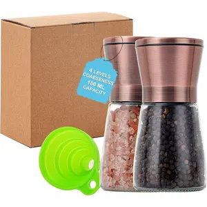 Short Copper Salt and Pepper  Set of 2,Refillable Adjustable Coarseness Stainless Steel Glass Bottle, Pepper Mills W/Funnel for Kitchen