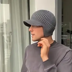 Men's Winter Hat with Warm Ear Flaps & Visor - Thermal Ribbed Baseball Cap for Skiing, Outdoor Sports, Christmas - Elastic Stretch Fit, Gray Holiday Gift