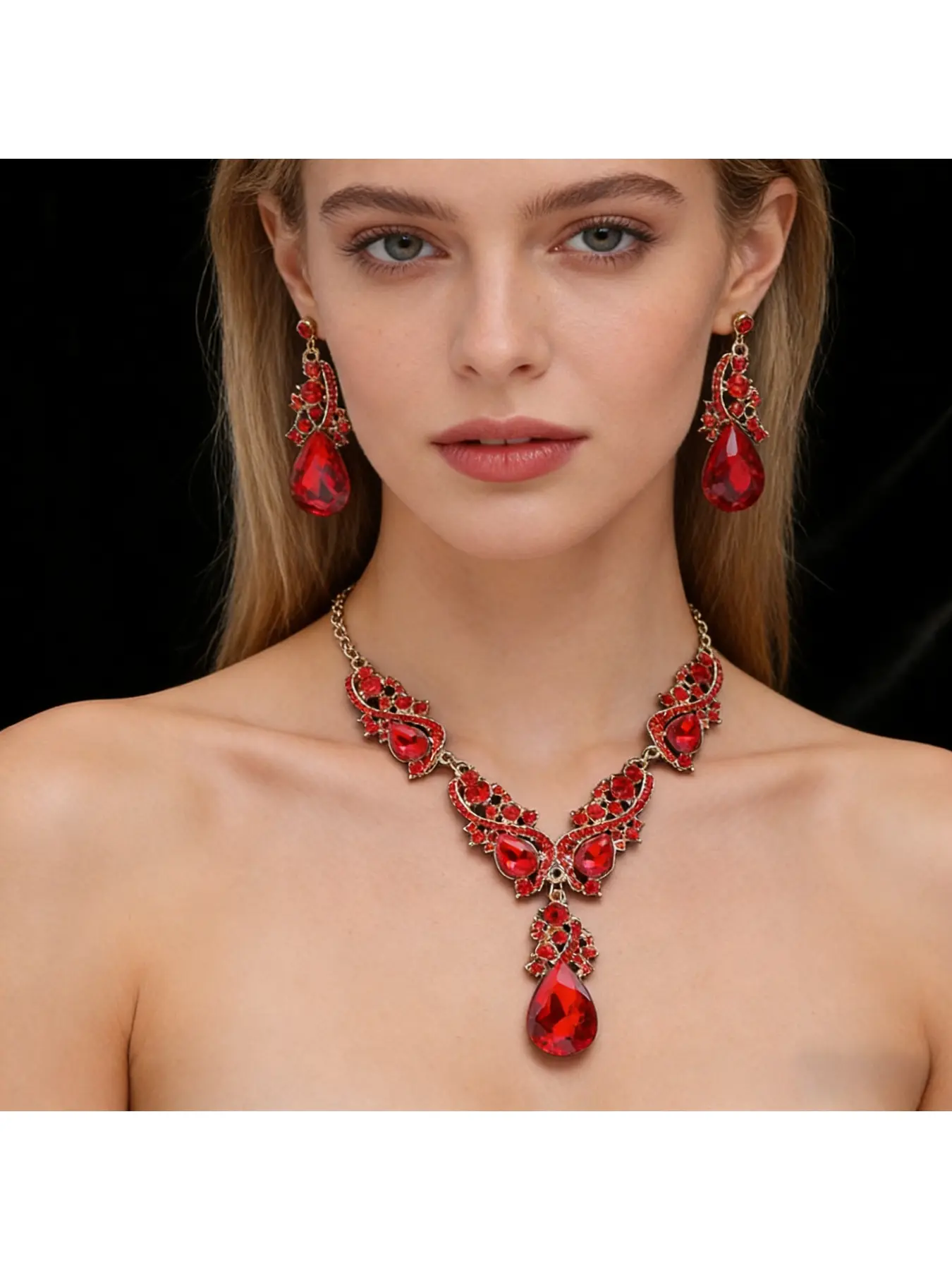 European and American foreign trade new style exaggerated necklace and earring set retro cross-mirror special supply alloy electroplated crystal set jewelry and evening dress