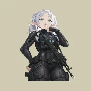 Frieren Elf Recon Tactical Girl Sticker, Silver Pigtails, Stealth Armor, Vinyl for PC Tower, Ammo Box & Car