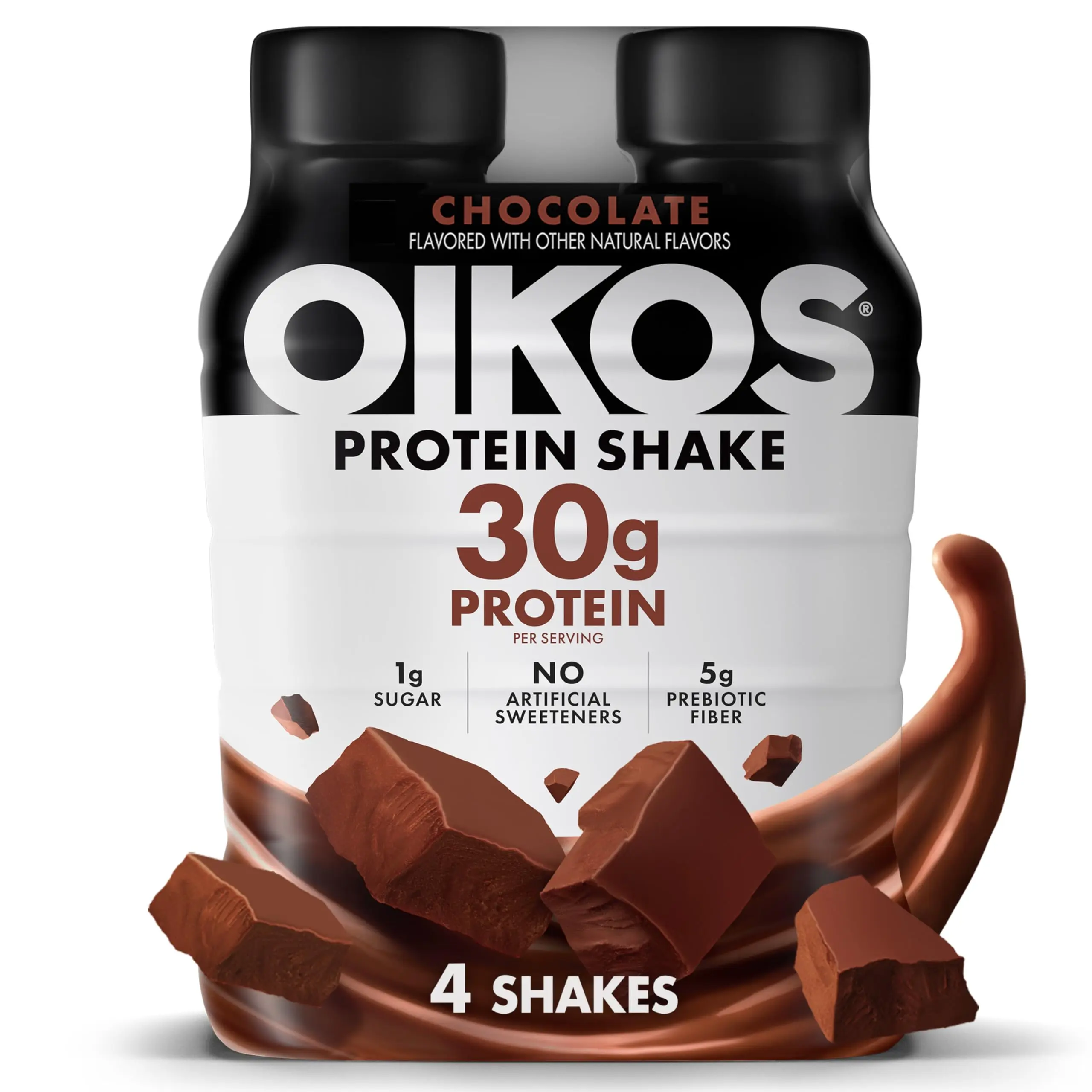 Chocolate High-Protein Ready-to-Drink Shake, 30g Protein, 5g Prebiotic Fiber, Low Sugar, Shelf-Stable, 12 fl oz Bottles, Pack of 4 - Ideal for Desk, Gym Bag, Travel Bag, Pantry Storage, Protein Shake, High Fiber