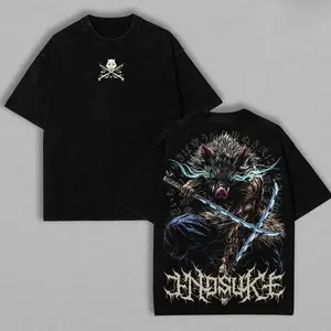 Demon Slayer Mens T-shirt, Inosuke Hashibira Shirt Tanjiro Kamado Tee Printed Kaos Short Sleeve Shirt Casual, Vintage Washed Tee Unisex Oversize Anime Manga Washed Heavyweight Cotton T-shirt