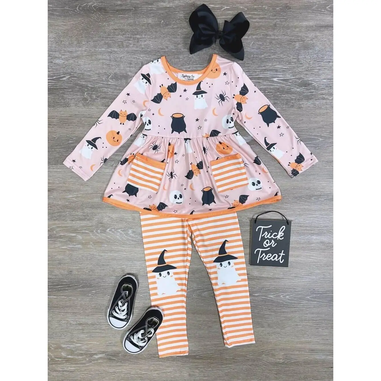 Ghost Witch Knee Patch Girls or Toddler Long Sleeve Witch Ghost Pumpkin Jack-O-Lantern Tunic Top & Leggings Halloween Outfit