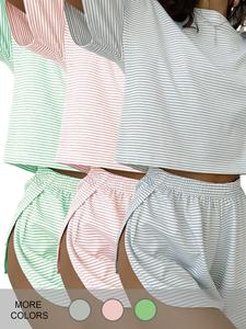 6 pack casual loose-fit striped knitted long sleeve tops & side split shorts set, all seasons comfortable for women