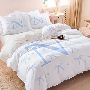 Personalized Initial Letter N Duvet Cover Set, With 1 or 2 Pillow Sham+1 Duvet Cover, Coquette Baby Blue Bow Heart Aesthetic, Soft Lightweight Microfiber, for Girls Teens Bedroom Dorm Decor, Perfect Birthday Coquette Bow Lover Gift