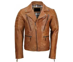 Sheepskin Brown Biker Jacket Mens Vintage Leather Zip Closure with Snap Button Fasteners Quilted Padding Medium Size