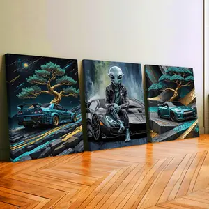 3Pcs Wooden Framed Canvas Painting, Alien Sitting On Sports Cars With Bonsai Trees Images, Exquisite Poster, Home Decoration, Pattern Wall Art Decor, For Living Room, Bedroom, Office, Restaurant, Bar Wall Decor, Waterproof, Odorless, Painting, Print Artwo