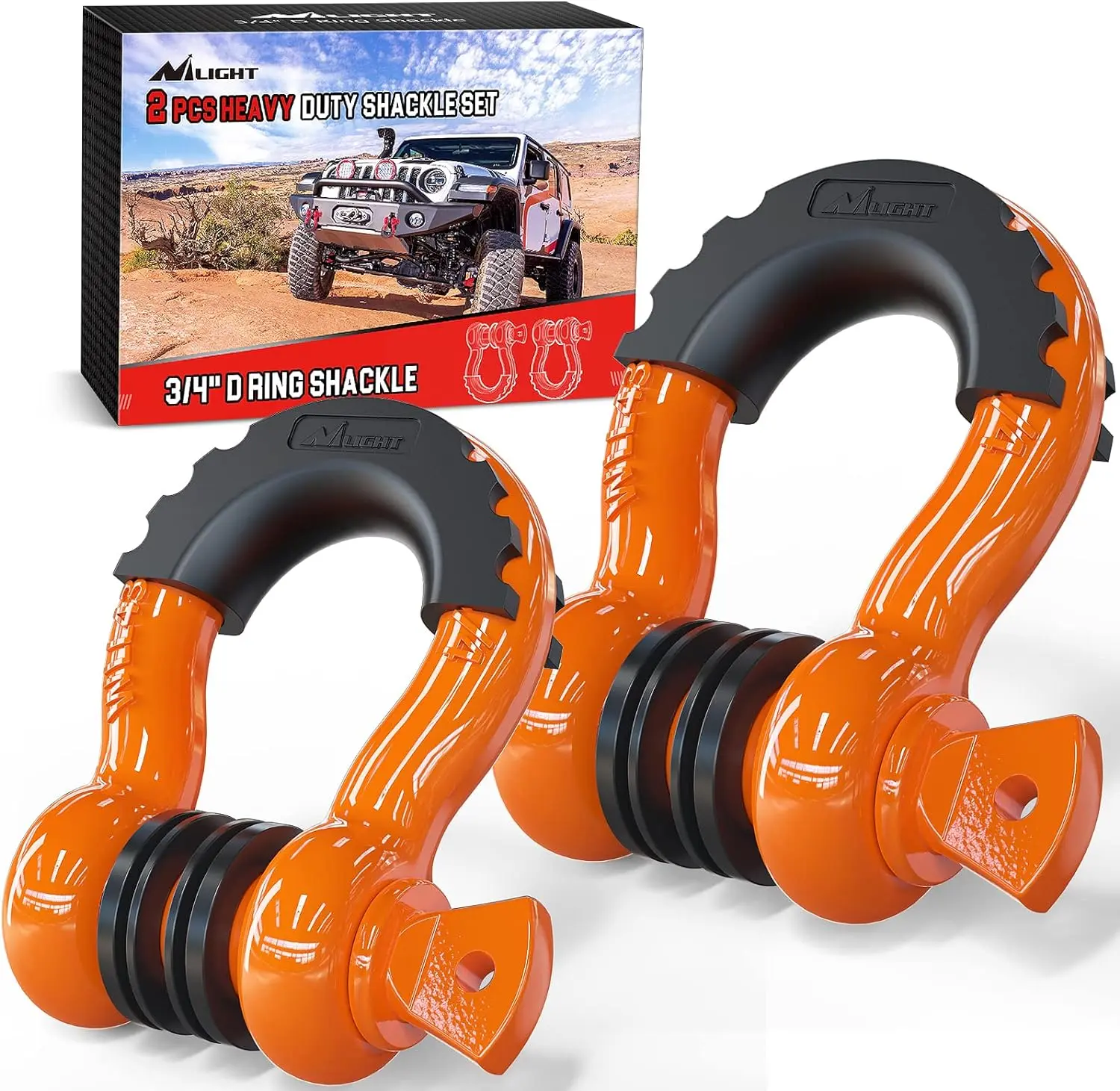 Nilight 2 Pack 3/4" D-Ring Shackle 4.75 Ton (9500 Lbs) Capacity with 7/8" Pin Heavy Duty Off Road Recovery Shackle with Isolators & Washer Kit for Jeep Truck Vehicle, Orange, Powder-Coated