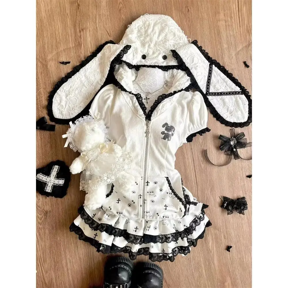 Summer Sweet Preppy Style 2 Piece Sets Women Y2k Kawaii Lolita Design Tops + High Waist Chic Skirt Female Princess Retro Outfits