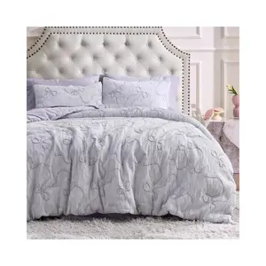 Twin Size Comforter Set, Light Purple Boho Tufted Bed Set, 3D Puffy Jacquard Bedding Twin Size, 2 Pieces, 1 Farmhouse Shabby Chic Embroidery Comforter with Bow Pattern & 1 Pillow Case