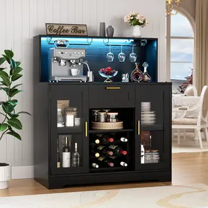Homieasy Wine Bar Cabinet with LED Light, Liquor Cabinet with Wine Rack and Glass Holder, Coffee Bar Cabinets with Drawer, Buffet Sideboard Table with Storage Shelves for Home Kitchen