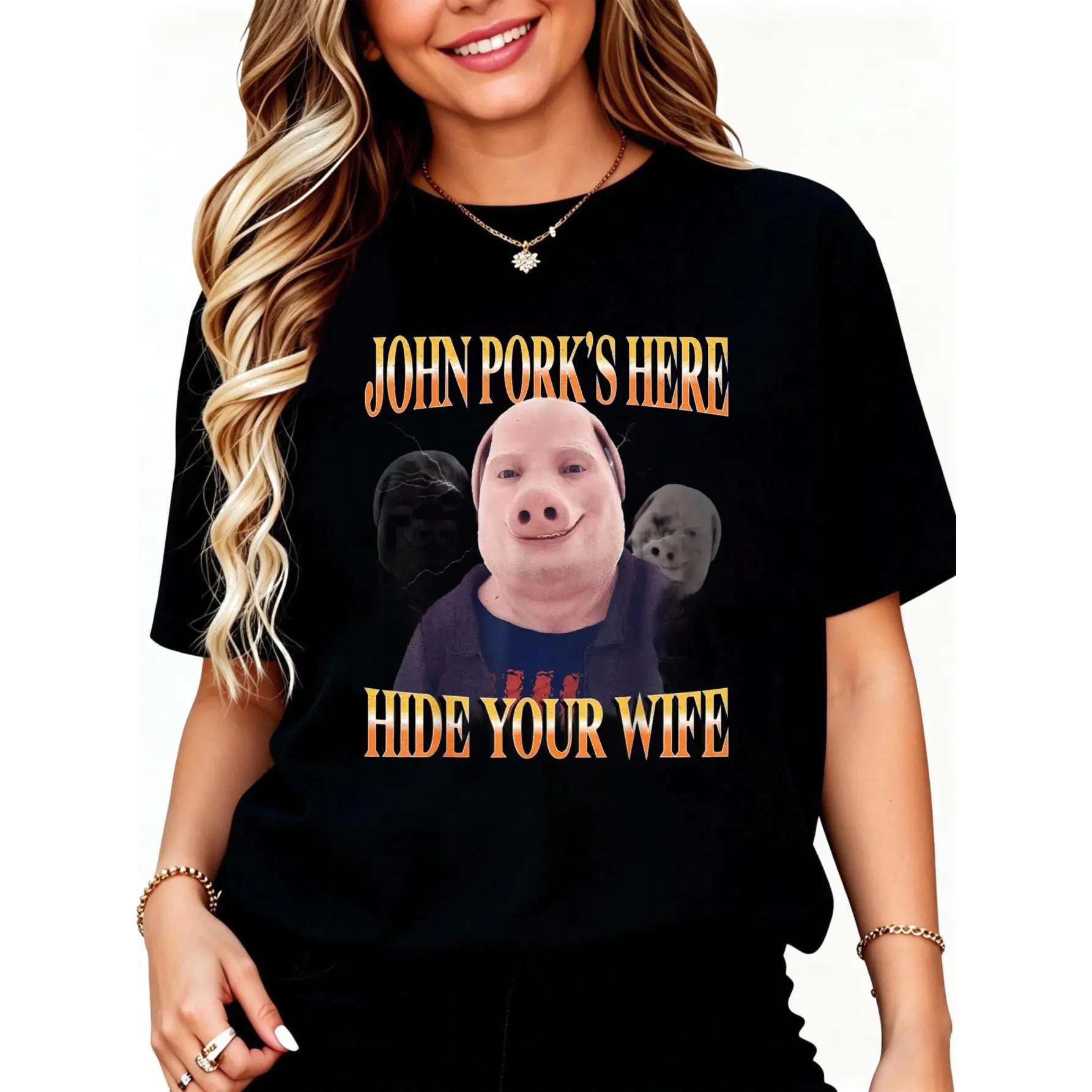 Funny John Pork Meme Graphic T-Shirt for Women, Cotton Streetwear Top with Shortsleeve and Round Neck, Casual, Tshirt