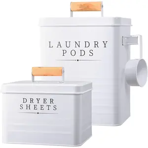 2 count Laundry Pod Container with Dryer Sheet Holder Farmhouse Laundry Room Decor Organization and Storage Detergent Container Box with Lid Handle Metal Dryer Sheet Dispenser(White)