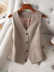 Women's Plaid Print Button Front Vest Blazer, Casual V Neck Sleeveless Waistcoat for Work Office Business, Ladies Spring & Fall Clothes, Formal Wear