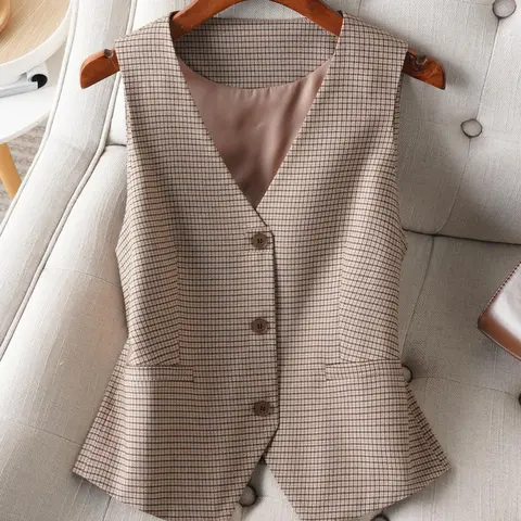Women's Plaid Print Button Front Vest Blazer, Casual V Neck Sleeveless Waistcoat for Work Office Business Attire Clothes, Ladies Spring & Fall Clothes, Formal Wear, Classic Office Wear
