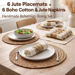 Set of 6 Handmade Boho Placemats – Natural Cotton Burlap Water Straw Woven Table Mats, Macrame Farmhouse Style for Dining Table Kitchen
