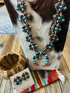 Handcrafted Multi Stone Beaded & Sterling Silver Cluster Necklace and Earring Set by Sheila Becenti