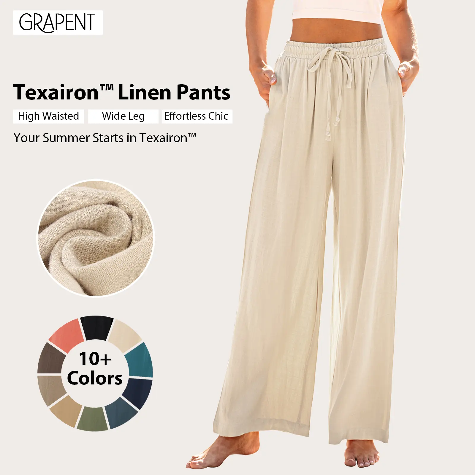 【Blue Waters’ Viral Picks】GRAPENT Texairon Linen Wide Leg Pants for Women High Waisted Pull-On Flowy Casual Baggy Drawstring Palazzo Pants Resort Wear Light Beige Basic Bottom