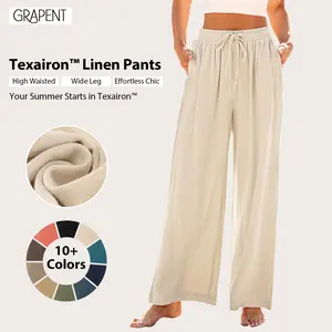 GRAPENT Texairon Linen Wide Leg Pants for Women High Waisted Pull-On Flowy Casual Baggy Drawstring Palazzo Pants Resort Wear Light Beige Basic Bottom