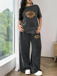 Spring and Summer Sports Plus Size Two-piece Set with patchwork print, Tie-dye Washed Vintage Short Sleeve T-shirt and Wide-leg Pants, Plus Size Women's Jogging Outfit