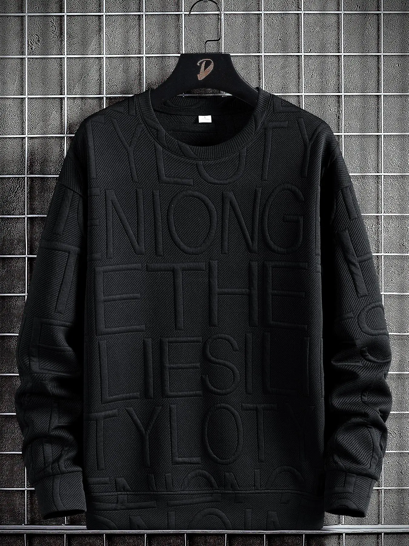 Unisex Men's Letter Textured Design Round Neck Sweatshirt, Fashion Casual Regular Fit Lounge Crew Neck Long Sleeve Pullover Tops, Men's Top Streetwear