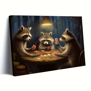 1pc Wooden Framed Canvas Print - Artistic Raccoon Scene Poker, 1-Piece Home Decoration, Game Room & Living Room Wall Art, Halloween Gift