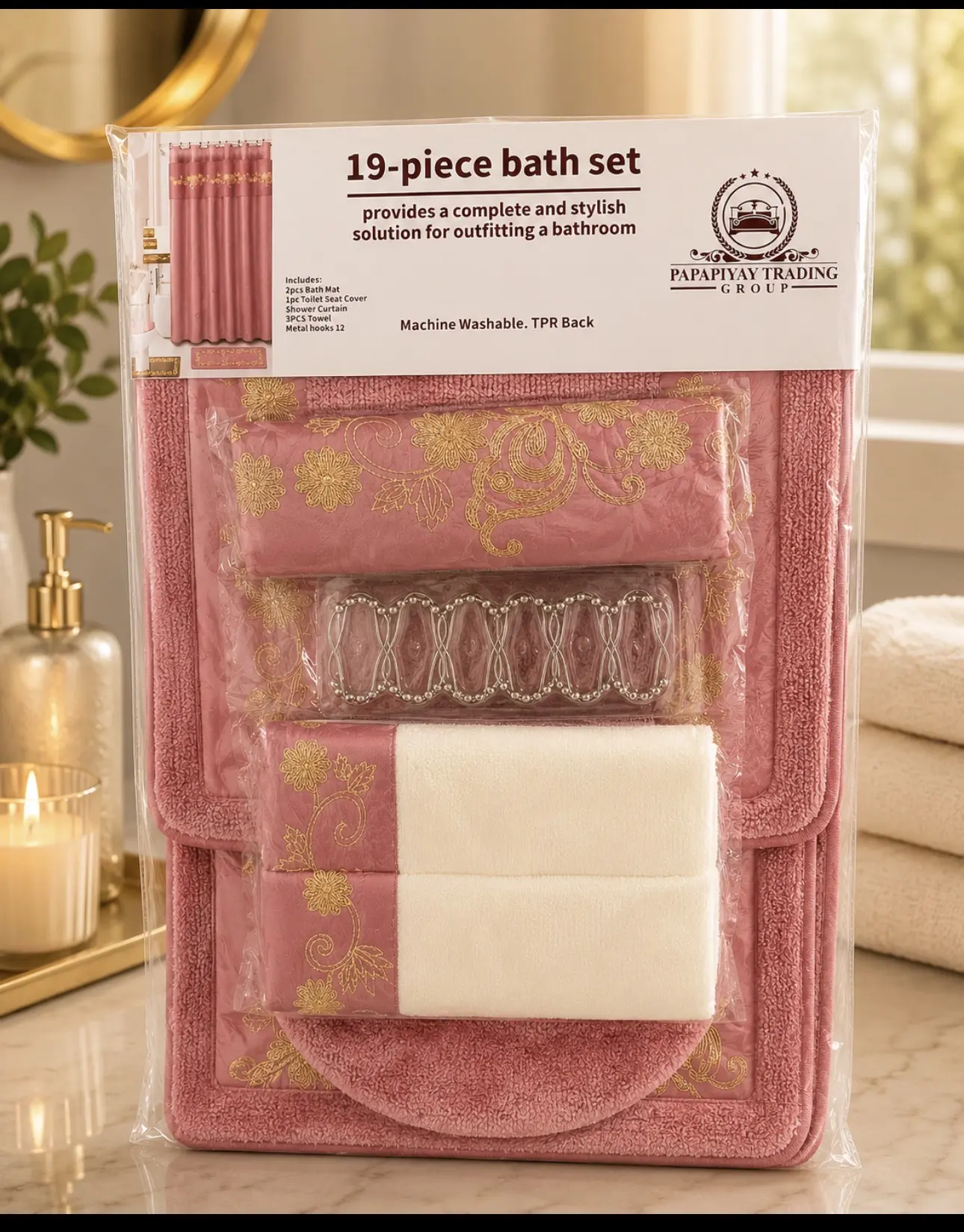 Luxury 19-Piece Bathroom Set Includes 2 Bath Mats Toilet Seat Cover Shower Curtain 3 Towels 12 Hooks Complete Ensemble for Coordinated Look Decorative Versatile Design