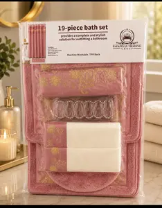 Luxury 19-Piece Bathroom Set Includes 2 Bath Mats Toilet Seat Cover Shower Curtain 3 Towels 12 Hooks Complete Ensemble for Coordinated Look Decorative Versatile Design