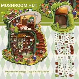 2PCS Mushroom Cottage 3D Stickers - Creative DIY Fantasy Forest Decor for Scrapbooking & Journal Craft Stickers