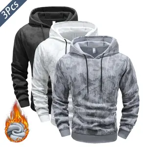 3PCS-Men's Camouflage Hoodie with Kangaroo Pocket, Autumn Winter Drawstring Hooded Jacket, Camo Pullover, Suitable for Outdoor Activities