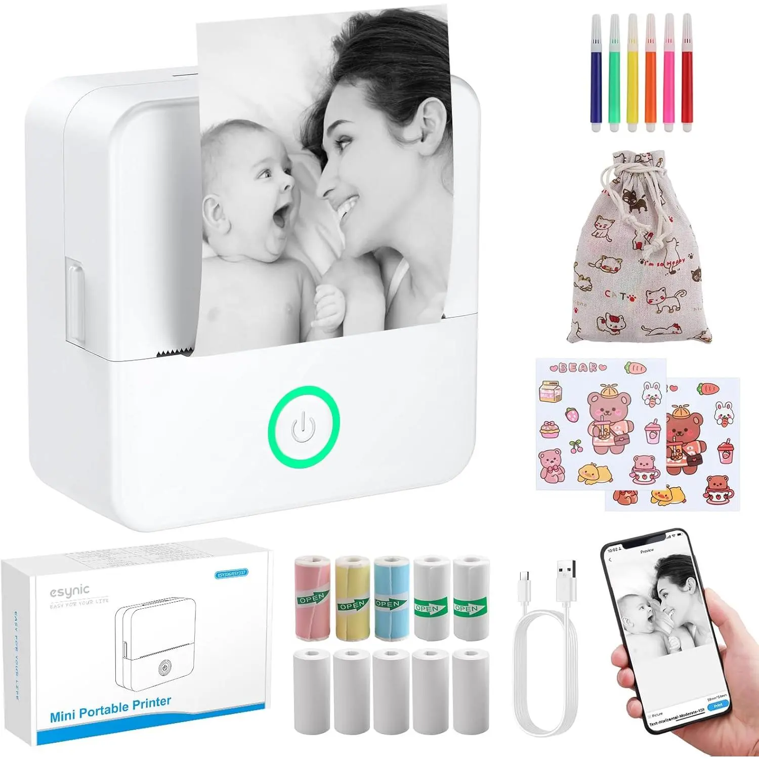 eSynic Mini Sticker Printer - 1200mAh Rechargeable Batteries - Bluetooth Portable Label Printer - Inkless Monochrome Printing - Smart App Control - 5 Adhesive Rolls - 5 Thermal Paper Rolls - 6 Color Pens - for DIY/Photos