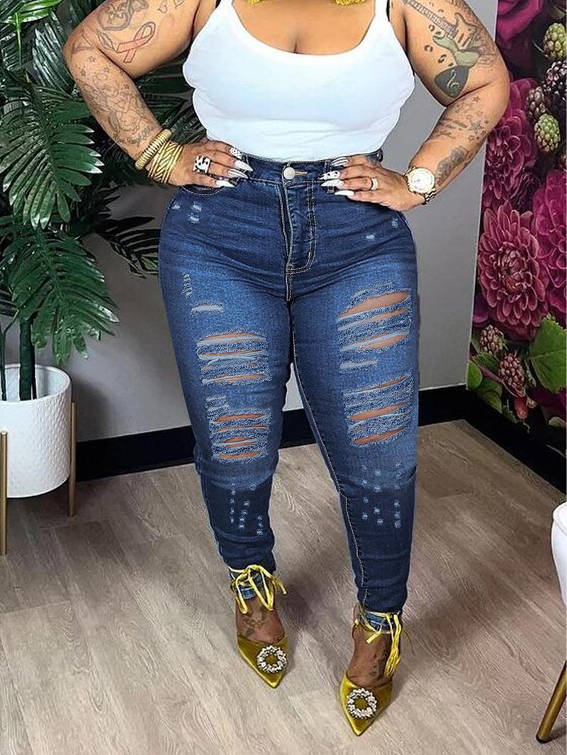 Women's Plus Size Ripped Skinny Jeans YY3165 High Stretch Distressed Denim Pants All Seasons Comfortable Trendy Fit Casual Fabric Streetwear Fashion Bottom Everyday Trouser