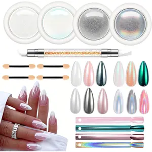 Chrome Nail Powder 4 pcs, White Nail Chrome Powder, Iridescent Aurora Glitter Mermaid Silver Metallic Mirror Holographic Effect Pearlescent Pigment Dust Kit Resin Craft