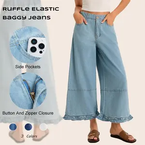 【NEW】Imily Bela Womens Ruffle Wide Leg Jeans Cropped Elastic High Waisted Baggy Denim Pants with Pockets