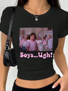 Women's Y2K Style Geometric Letter Print Knit Crop Top, Summer Sexy Slim-Fit Short Sleeve Shirt, Casual All-Season Fashion, Cropped, Womenswear