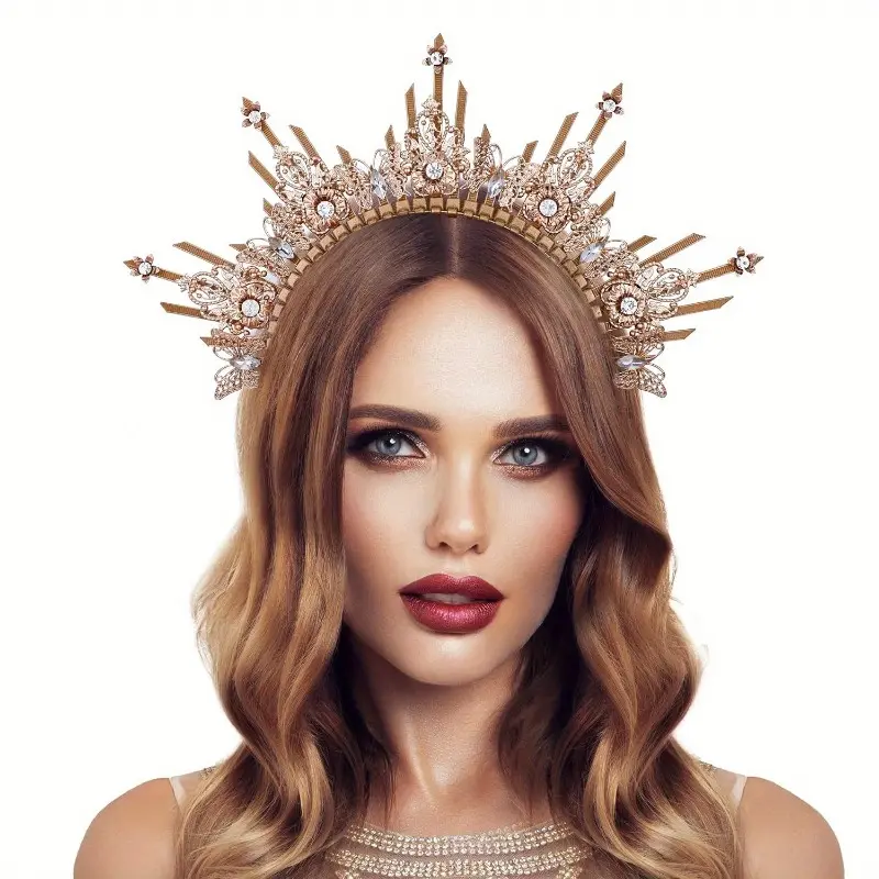 Female Romantic Crystals Alloy Printed Golden Halo Crown Headpiece - Spiked Headband, Rising Sun Headgear, Tie Muse Crown - for Wedding Photography, Cosplay, Beauty Pageant
