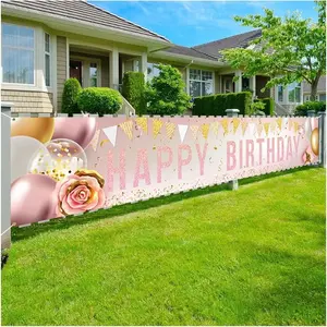 Happy Birthday Yard Sign Banner - Large 118" x 19.7" Rose and Gold Birthday Party Decorations for Girls Women Birthday Celebration Banner Outdoor Indoor Party Supplies