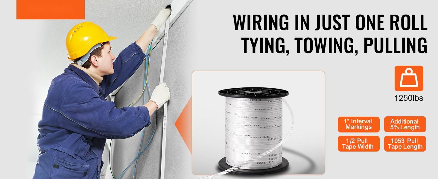 Polyester Pull Tape 1/2 Inch by 1053 Feet Mule Tape Flat Rope, 1250 Lbf Tensile Strength, Printed Webbing Cable Pulling Tape for Packaging, Gardening, Electrical Conduit Installation, Construction, White