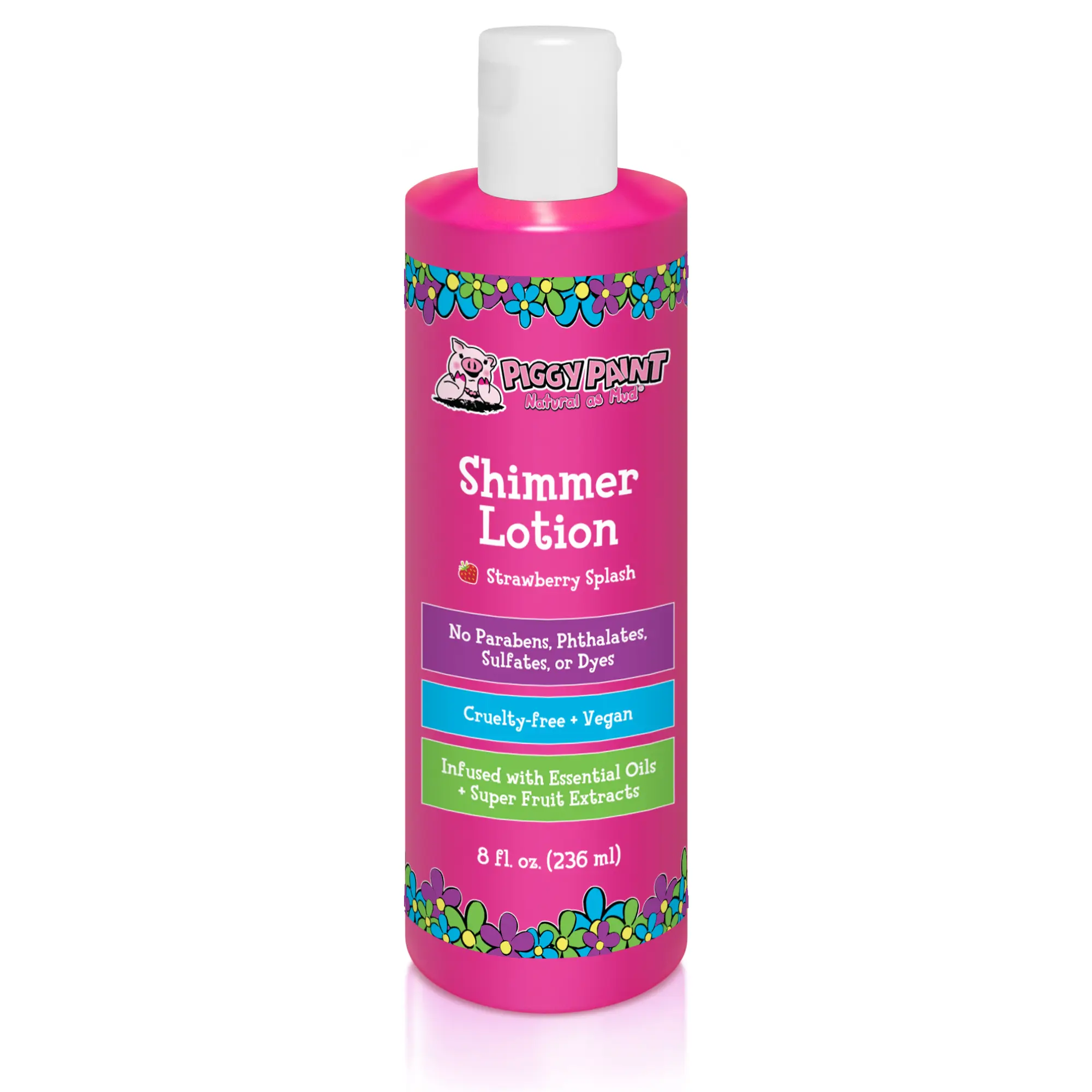 Piggy Paint Strawberry Splash Shimmer Hydrating Body Lotion (8oz) - Gentle Vegan & Cruel-Free Moisturizer with Essential Oils, Super Fruit Extracts, Dance-Party Shine, Sparkle on Skin