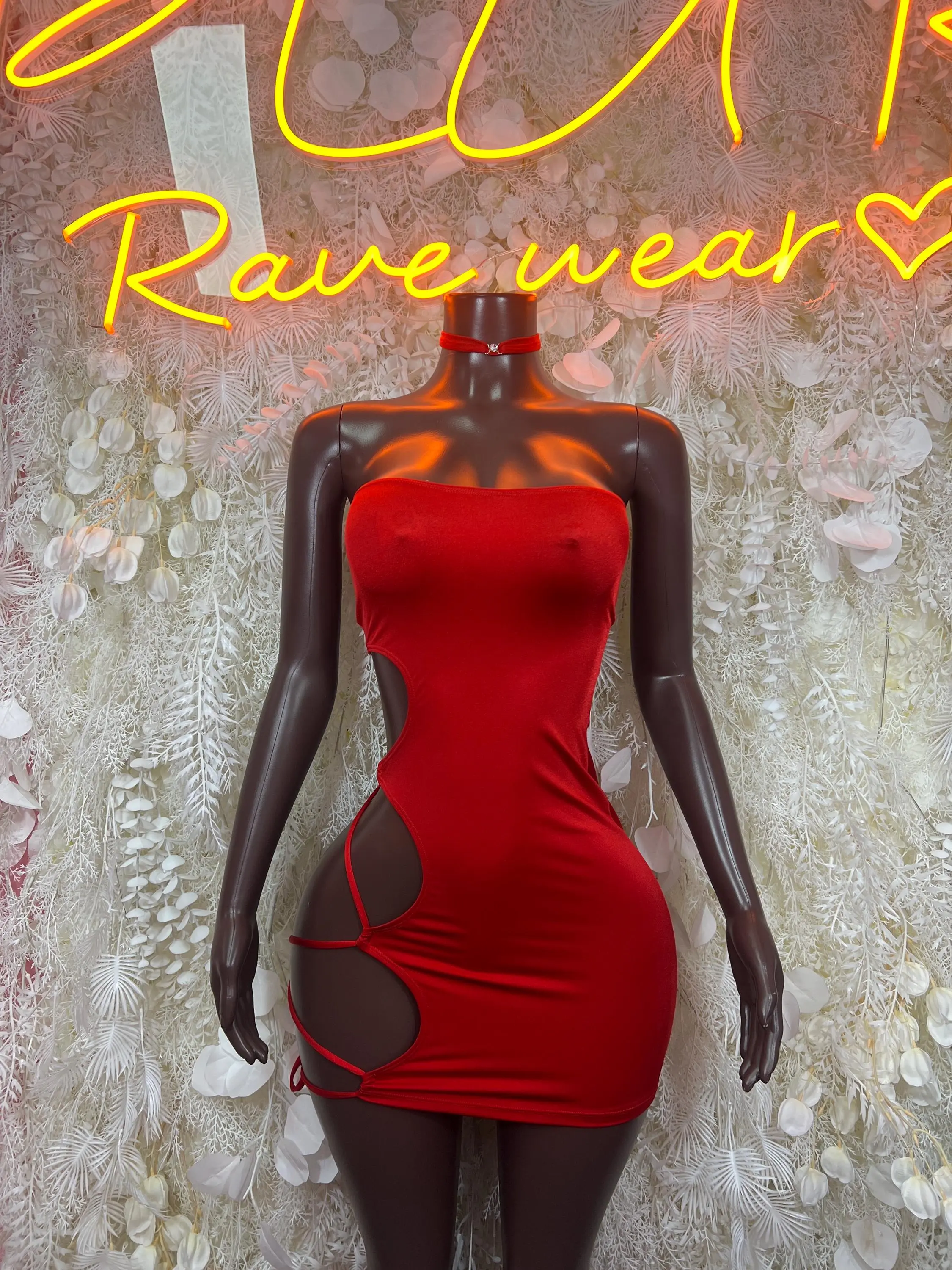 Women's Casual Sleeveless Red Strapless Bodycon Mini Dress - Cutout Sides, Side Tie, Choker Necktie for Rave, Festival Clubwear