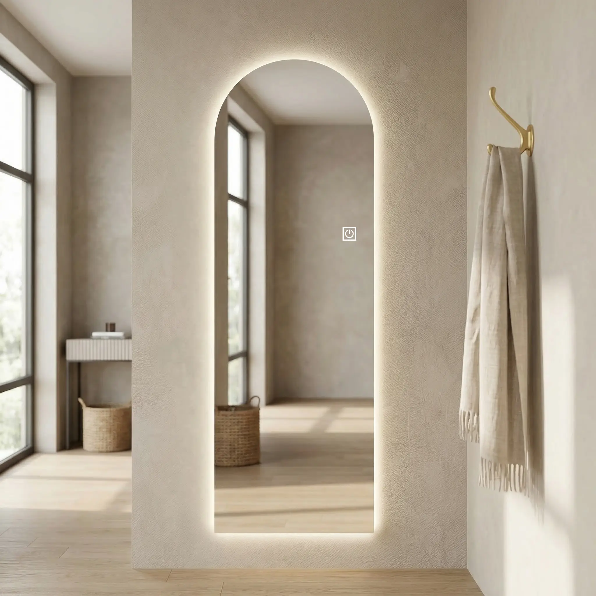 LED Full Length Wall Mirror 65x21 Inch, Symmetrical Shape, 3-Color Dimmable Lighting, Shatterproof Copper-Free Glass, Wall Mounted for Bedroom, Dressing Room, Entryway, Salon, Silver Finish, Glass Material