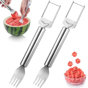 2 in 1 Watermelon Fork & Slicer, 1/2 Counts Stainless Steel Fruit Cutter, Dual Head Fruit Forks Slicer Knife with Round Handle, Fruit Cutting Kitchen Utensils, Fruit Vegetable Slicer