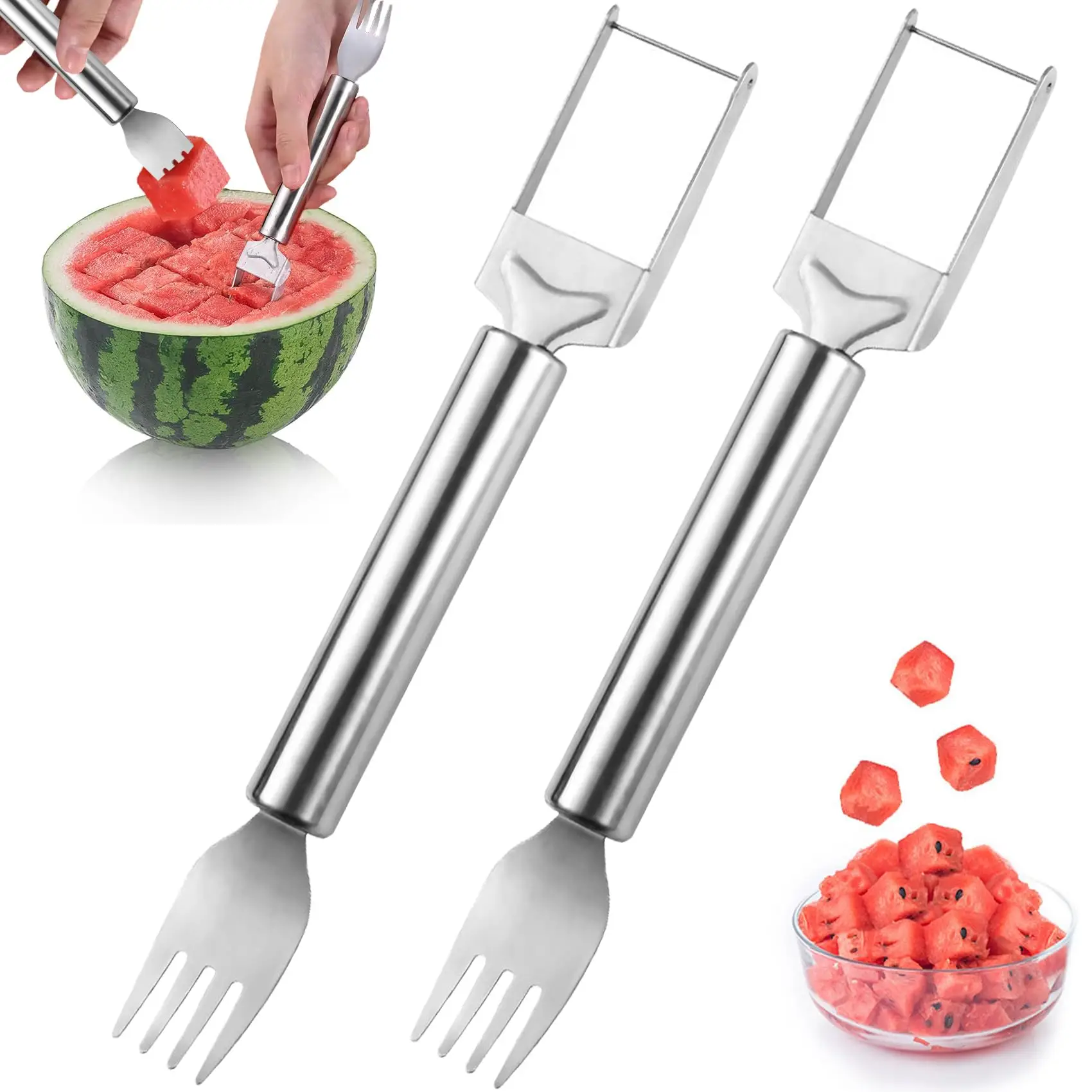2 in 1 Watermelon Fork & Slicer, 1/2 Counts Stainless Steel Fruit Cutter, Dual Head Fruit Forks Slicer Knife with Round Handle, Fruit Cutting Kitchen