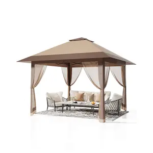 13x13 pop-up canopy tent with mosquito net, heavy-duty pavilion with waterproof UV double-layer roof, 169 square feet sunshade, instant outdoor shelter for courtyards, backyards, and gardens, grey Sturdy Metal Patio Gazebo  with Netting and Curtains