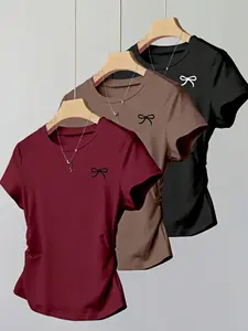 Women's Casual Basic Comfortable Lightweight Plain Short Sleeve T-Shirt Set Outfit, Spring Summer Autumn Home Wear, Fitted Round Neck Design Lady