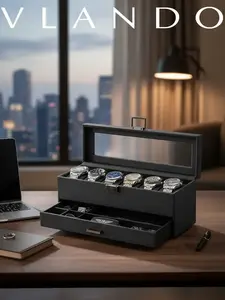 VLANDO Men's Lockable Watch & Bracelet Box - 6-Slot 2-Layer Textured Leather Organizer with Glass Lid, Black Fashion Accessory, Mens Gifts